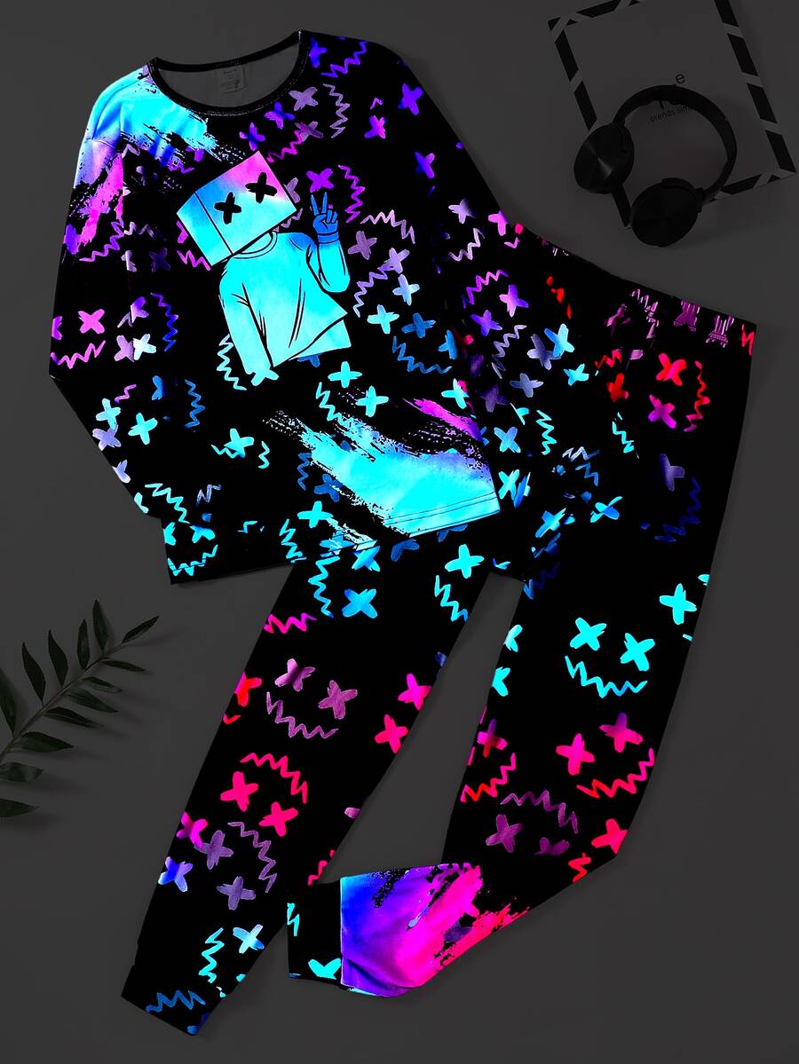 2pcs/Set Tween Boys Fluorescent Cartoon Pattern Round Neck Long Sleeve Top And Pants Comfortable Snug Fit Loungewear - Multicolor - View 1