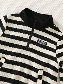 SHEIN 2件組小男孩休閒簡約條紋運動衫與長褲套裝，適合冬季 - 彩色 - 查看 5