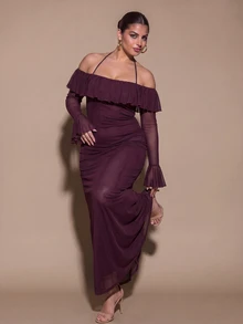 SHEIN BAE CURVE 大尺碼女款長袖紫色露背掛脖洋裝 - 紫色 - 查看 3