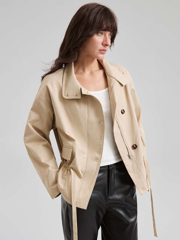 Ontre 2026 Autumn/Winter New Khaki Long Sleeve Cinched Waist Trench Coat Jacket, Modern Elegant Wedding Guest Outfit, Minimalist Romantic French Luxury Texture, Urban Fashion Business Casual Women's Clothing, Office Wear, Low-Key Old Money Style, High-End Urban Commute Women's Apparel