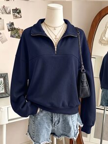 SHEIN 青少年女孩純色休閒百搭日常穿著長袖運動衫 - 藏蓝色 - 查看 1