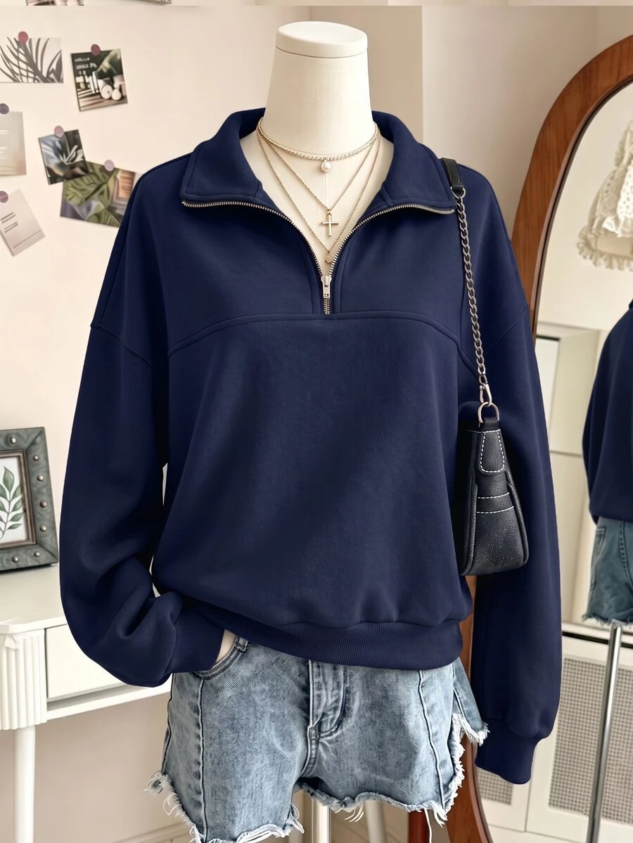 SHEIN 青少年女孩純色休閒百搭日常穿著長袖運動衫 - 藏蓝色 - 查看 1