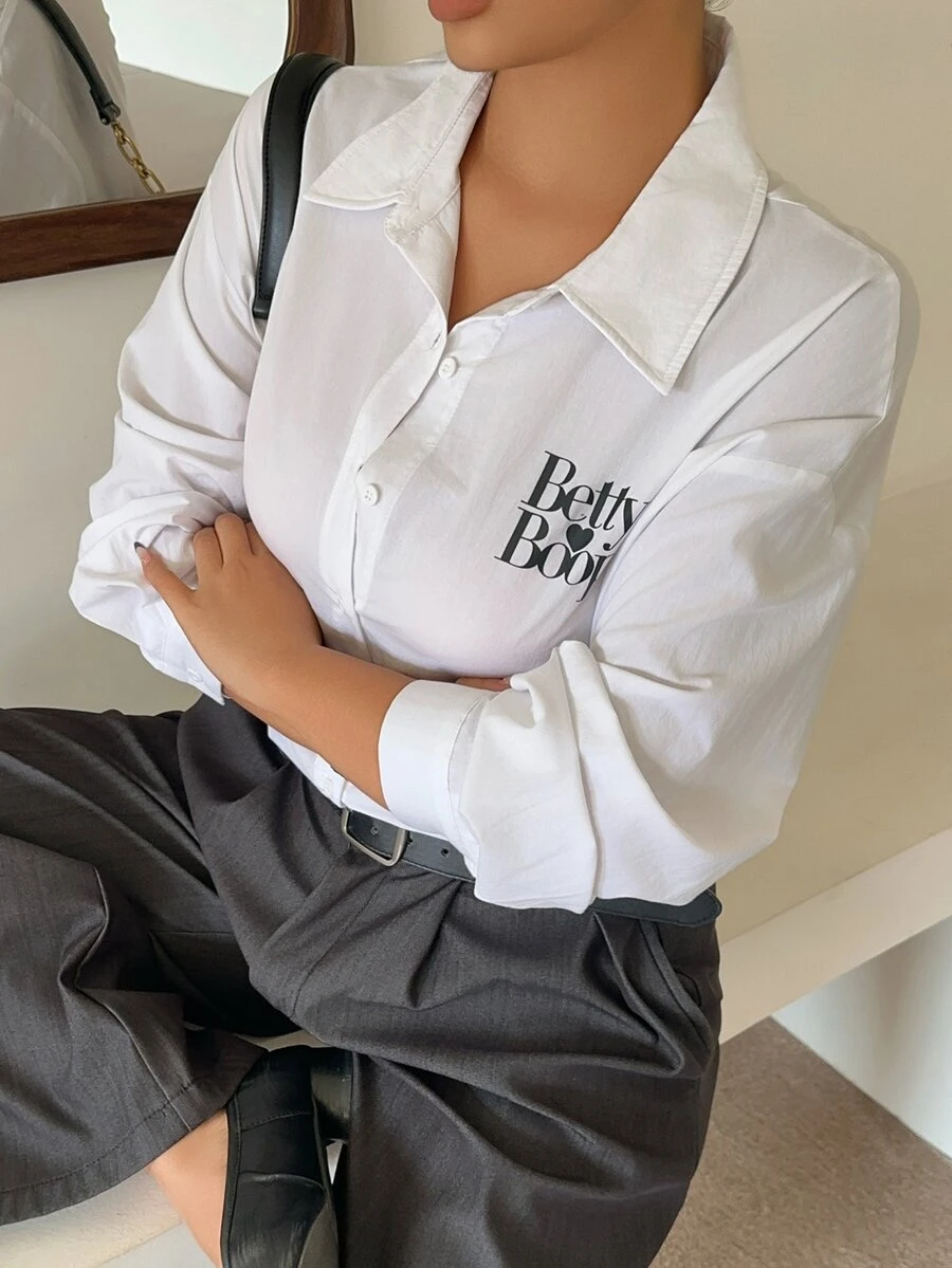 Betty Boop x DAZY Curve Kemeja Lengan Panjang Putih Kasual Longgar dengan Motif Huruf, Gaya Baru Musim Semi dan Gugur - Putih - View 1