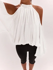 SHEIN BAE 女款純色露肩休閒百搭日常穿著襯衫 - 白色 - 查看 8