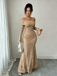 Rafferiza 女款優雅時尚年輕簡約百搭修身露肩大翻領喇叭袖魚尾中長洋裝，秋季 - 卡其色 - 查看 3