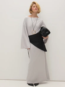 MUSEYN Grey Jersey One Shoulder Loose Fit Drape Mini Dress Date Night Evening Wedding Guest Fall - Beige - View 2