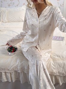 CottageSlumber Women's Cherry Print Gold Rhinestone Velvet Contrast Lace Pajama Set - Apricot - View 5