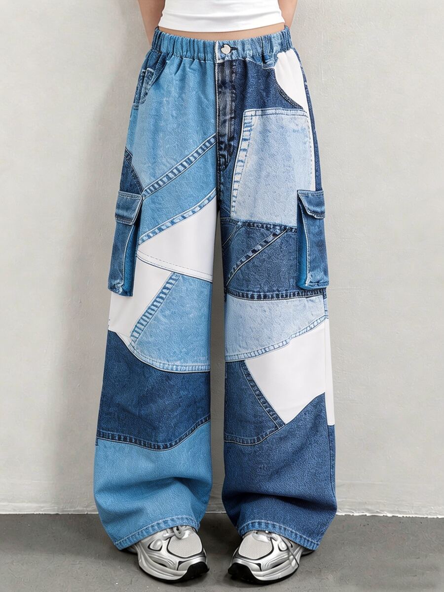 SHEIN Sparklyn 青少年女孩拼色休閒百搭日常穿著工裝褲 - 藍色 - 查看 1