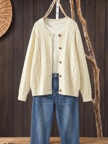 Rusticease Women's Plus Size Casual Versatile Solid Color Cardigan, Autumn/Winter - Apricot - View 3