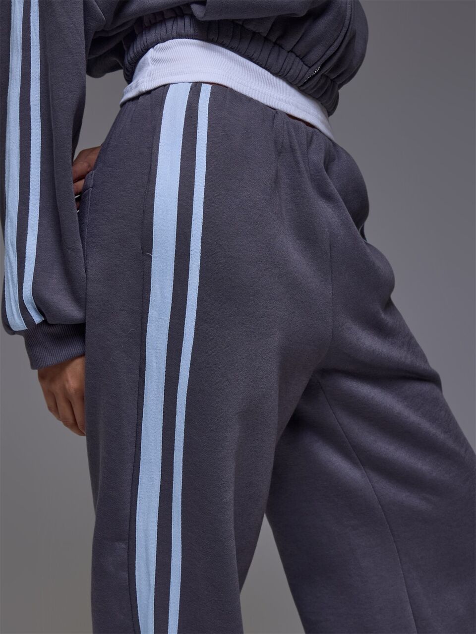 Grey Contrast Stripe Wide Leg Joggers