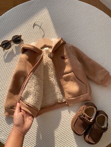 SHEIN 中性嬰兒男孩/女孩、幼兒秋冬超厚抓絨內裡連帽夾克，嬰兒加厚外套，冬季外套，絎縫外套，抓絨，加厚 - 棕色 - 查看 1