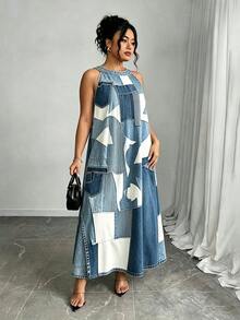 SHEIN Plus Size Women's Colorblock Casual Everyday Summer Travel Dress - Blue - View 4