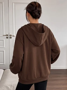 SHEIN EZwear Casual Baggy Sports Brown Open Front Hooded Plus Size Jacket Autumn Going Out Club - Chocolate Brown - View 2