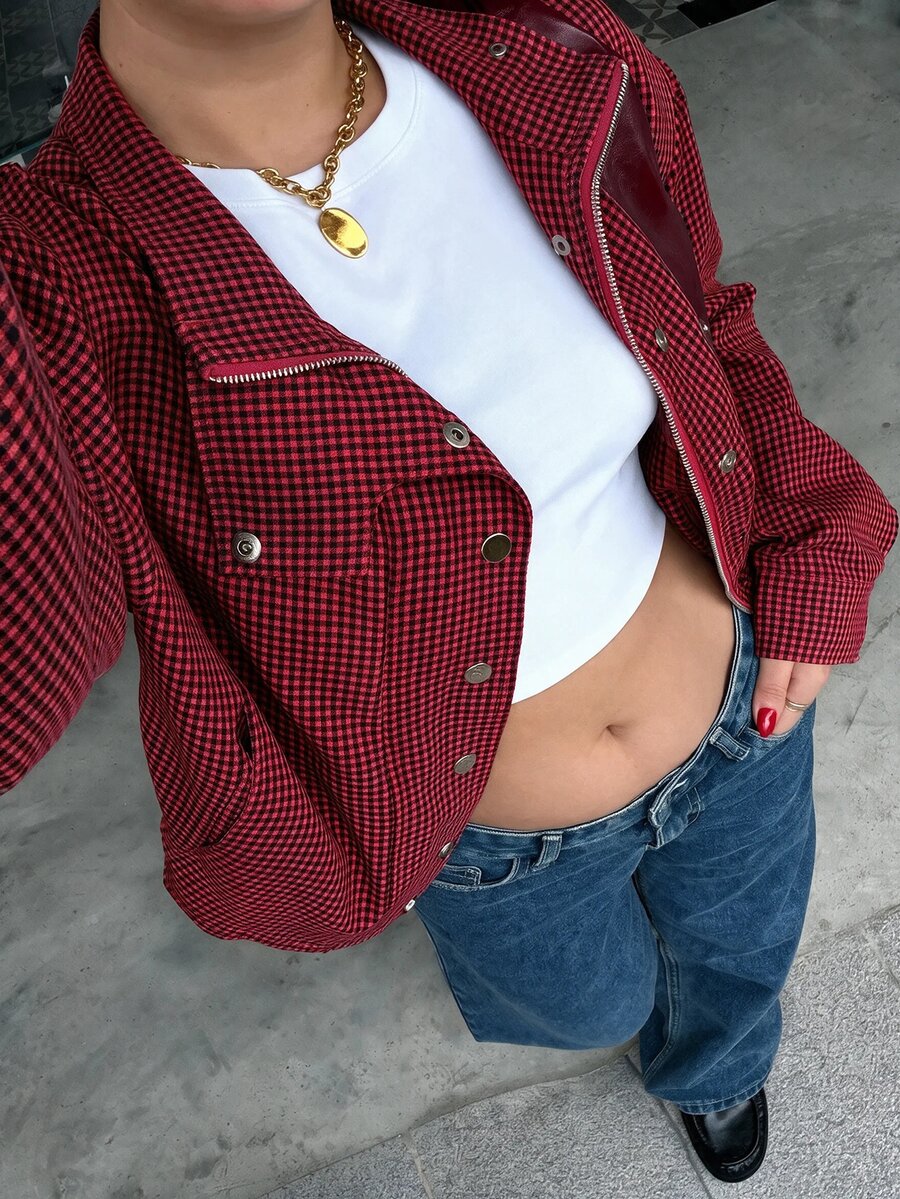 Muchica Plus Size Streetwear Plaid Button & Zipper Jacket - Burgundy - View 1
