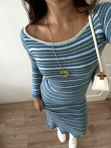 Strévra Women's Striped Colorblock Casual Everyday Knit Dress Fall - Blue - View 4