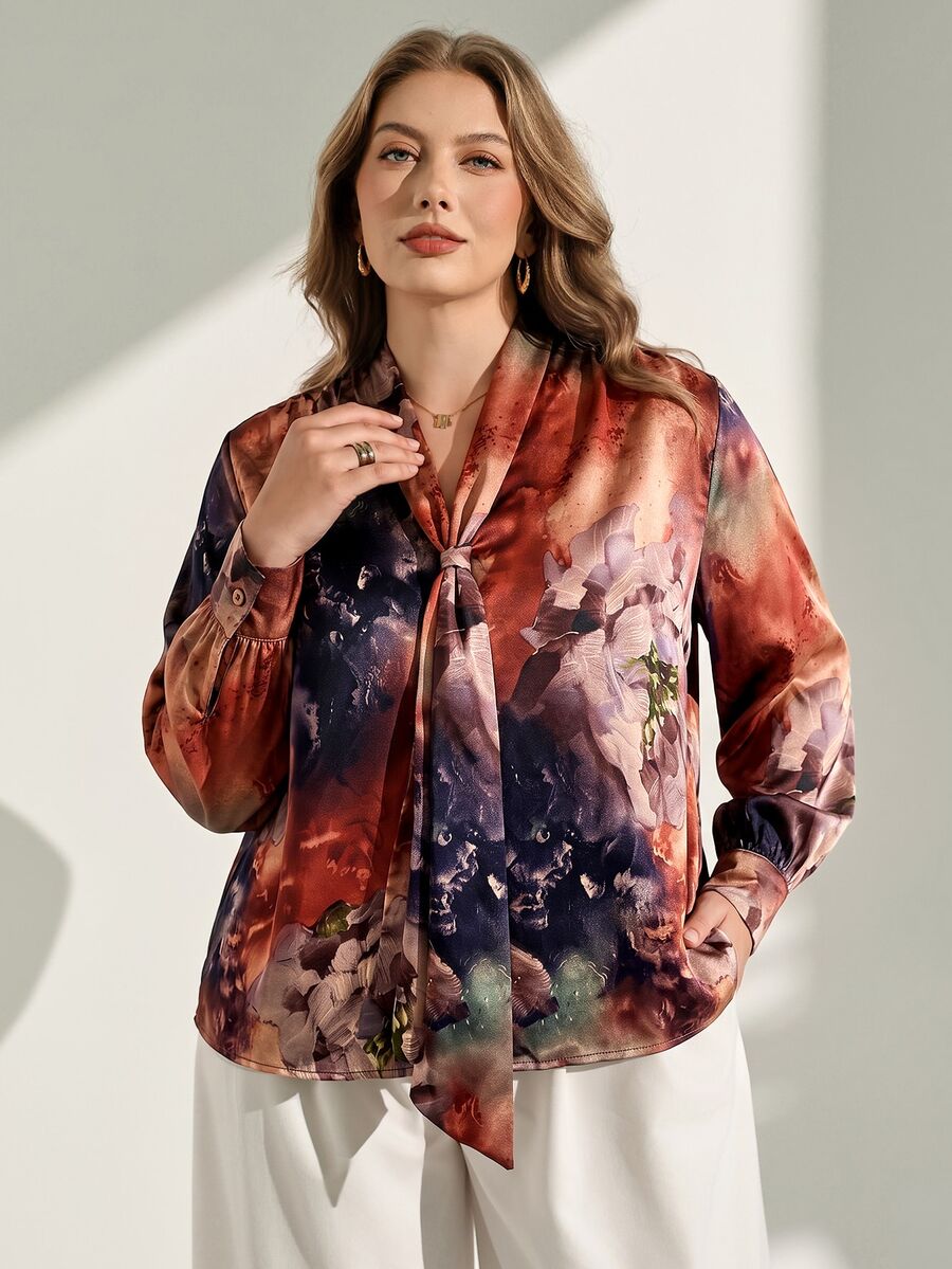 Chikora Plus Size Elegant Tie-Front Long Sleeve Blouse, Brown Shirt, Suitable For Office Brunch Formal, Daily, Workplace Wear Autumn - Burgundy - View 1