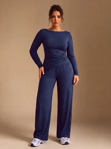 EMERY ROSE Plus Size Women Solid Color Pleated Long Sleeve Top And Pants Casual Daily 2 Pieces Set - Navy Blue - View 5