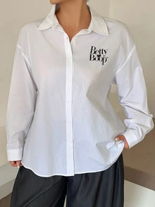 Betty Boop x DAZY Curve Kemeja Lengan Panjang Putih Kasual Longgar dengan Motif Huruf, Gaya Baru Musim Semi dan Gugur - Putih - View 8