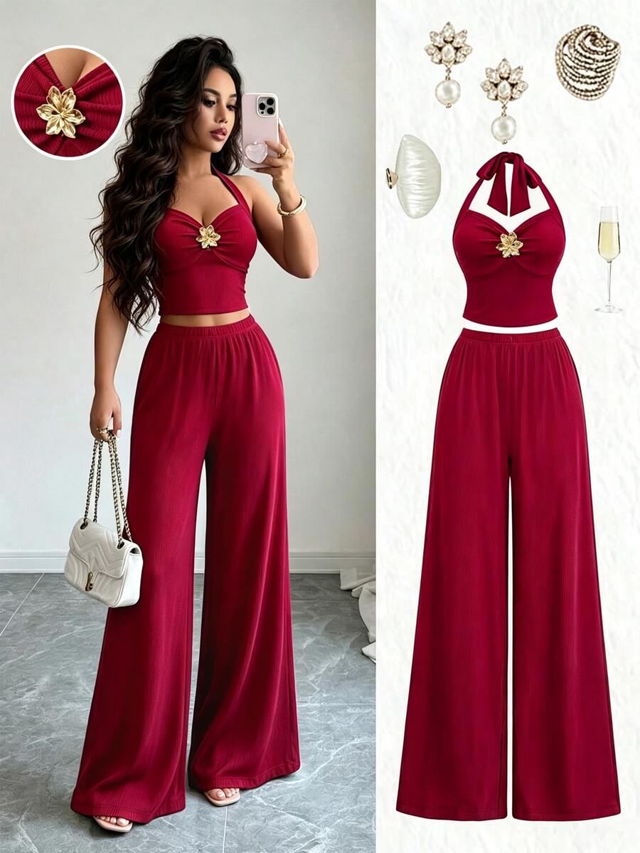 Selianne New American Retro Y2K Hot Girl Ribbed Set Metal Flower Slim Fit Flattering Short Spaghetti Strap Tank Top + Straight Leg Pants Women's 2 Pieces Set - Burgundy - View 1