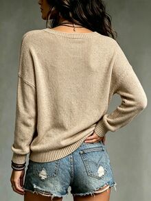 SHEIN 女款純色V領休閒日常長袖針織衫 - 駝色 - 查看 2