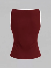 Lavishia Women's Piped Single-Breasted Tank Top And Shorts Casual 2 Pieces Set - Burgundy - View 3