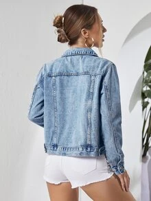 SHEIN Essnce 秋季休閒短版牛仔夾克 - 中等水洗藍 - 查看 7