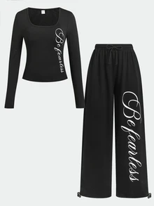 SHEIN 青少年女孩春/秋休閒街頭風針織黑色修身英文字水鑽方領/圓領長袖T恤與寬腿褲（可調式褲腳）2件套，適合秋冬內搭、日常出遊 - 黑色 - 查看 2