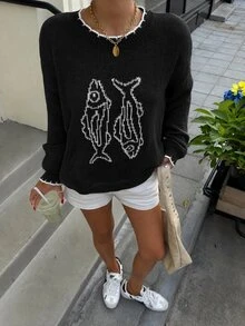 Muchica Suéter casual de manga larga negro con estampado de peces para mujer, otoño - Negro - Ver 7