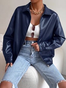 SHEIN EZwear 秋冬款落肩拉鍊PU短版皮夾克 - 藏蓝色 - 查看 7