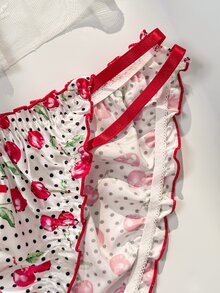 PetitDoll Red Satin Kawaii Cute Coquette Babydoll Lolita Frill Trim All-Over Cherry Print Romantic Plus Size Panties - Red - View 3