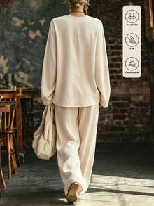 SHEIN 2pcs/Set Smooth Glossy Fabric Deep V-Neck Shoulder Gathered Loose 7-Point Wide Sleeve Cropped Top With Matching High-Waist Draped Floor-Length Wide-Leg Pants - Apricot - View 3