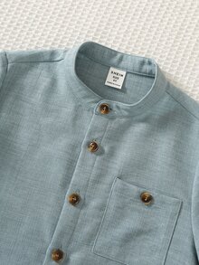 SHEIN 小男孩休閒百搭學院風長袖立領襯衫 - 藍色 - 查看 4