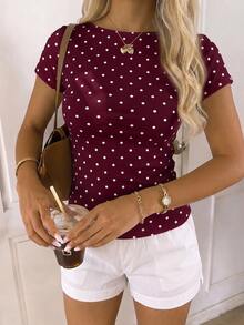 CovetEZ Casual Minimalist Sexy Cold Shoulder Burgundy Polka Dot Short Sleeve T-Shirt, Suitable For Spring And Summer, Spring And Summer Outfit Matching, Burgundy Polka Dots Make You Look Fairer - Multicolor - View 5