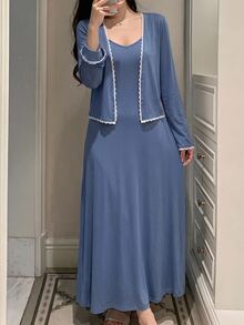 DAZY 2pcs/Set Women's Lace Patchwork Solid Color Long Sleeve Cardigan & Sleeveless Spaghetti Strap Long Dress Pajama Set Fall - Blue - View 1