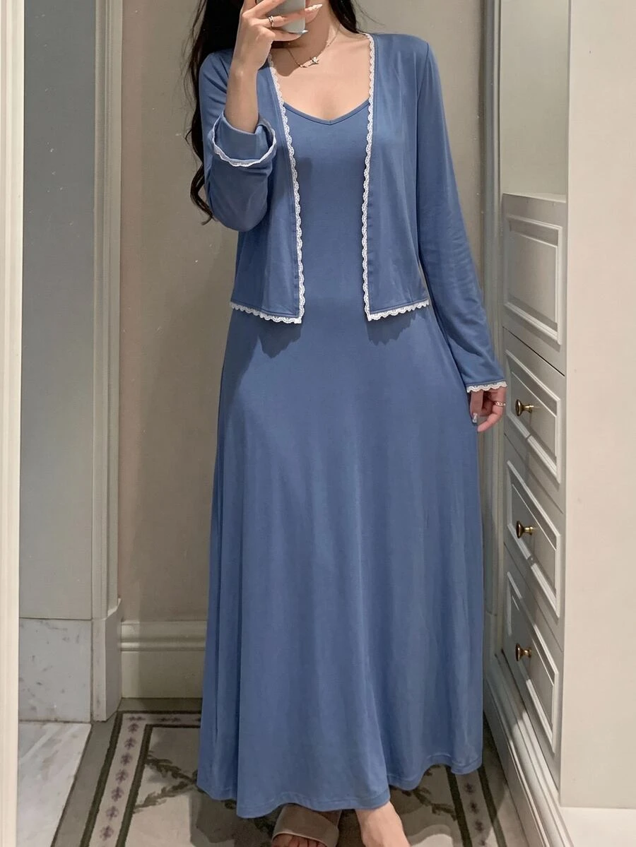 DAZY 2pcs/Set Women's Lace Patchwork Solid Color Long Sleeve Cardigan & Sleeveless Spaghetti Strap Long Dress Pajama Set Fall - Blue - View 1