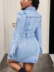 Slaydiva Gaun Denim Wanita Gaya Kasual Jalanan - Biru - View 2