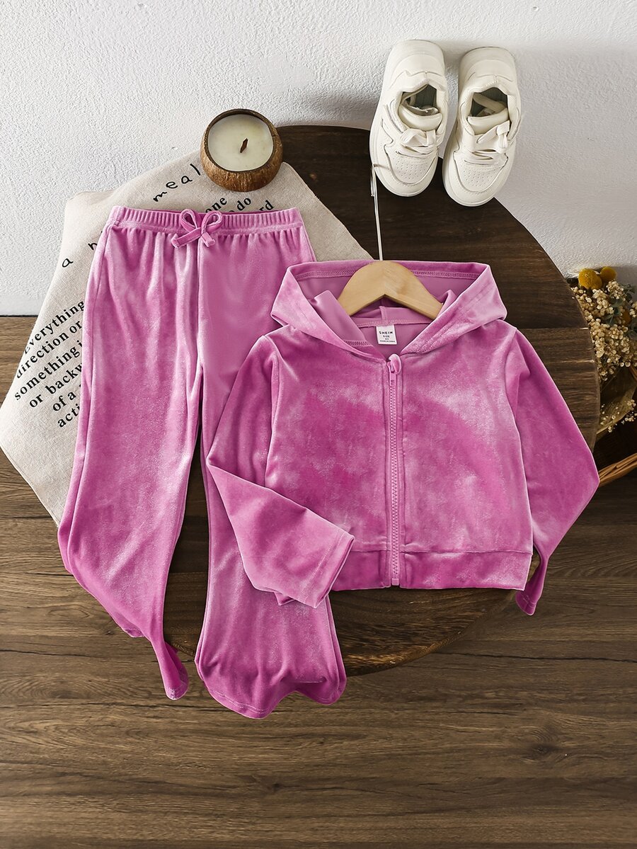 SHEIN Vintaside Kids 女童天鵝絨連帽長袖外套與長褲套裝,適合秋冬穿著,時尚百搭,穿著舒適 - 玫紅色 - 查看 1