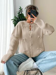 SHEIN 女款高個子米色純色緞帶飾邊蝴蝶結細節前開扣開襟衫，可愛休閒日常穿搭 - 米色 - 查看 5