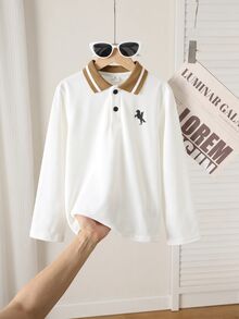 SHEIN Kids Young Boys Casual Comfortable Versatile College Style Logo, Contrast Collar Long Sleeve Top Suitable For Street Photography, Daily Wear, Summer - Multicolor - View 6