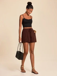 Travachic Women's Solid Color Drawstring Waist Casual Versatile Daily Shorts - Coffee Brown - View 3