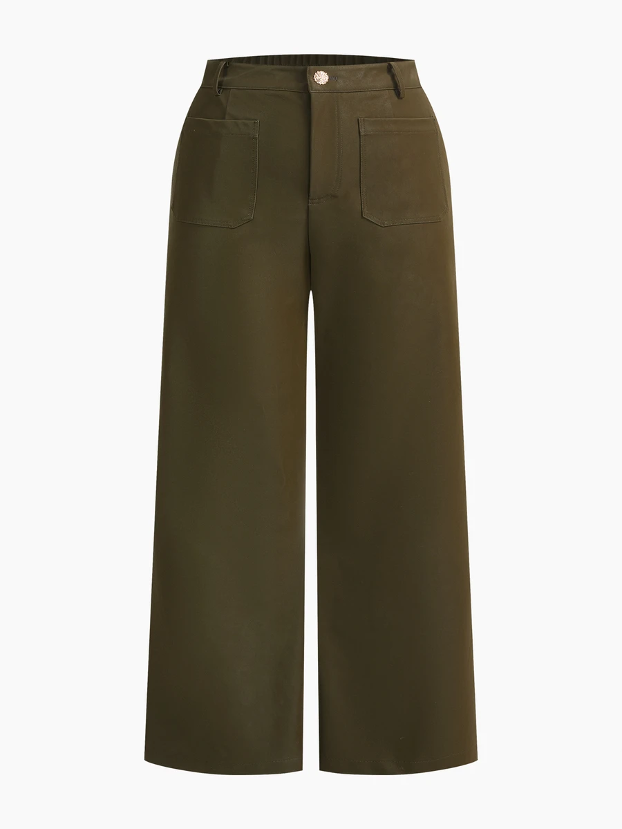 MOTF PREMIUM PLUS SIZE WOMEN'S AUTUMN/WINTER PU LEATHER SLIM STRAIGHT LEG PANTS - Dark Green - View 1