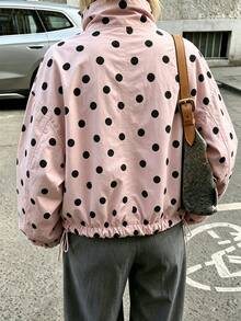 Pariaura Soft Pink Black Polka Dot Stand Collar Tie Waist Short Loose Long Sleeve Shacket - Multicolor - View 2
