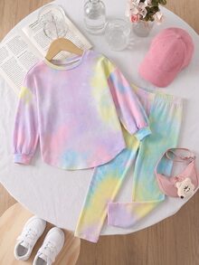 2pcs/Set Young Girl Fashion Casual Drop Shoulder Ribbed Knit "Smiling Face" Pattern T-Shirt & Leggings Pink Set - Comfortable Autumn Ribbed Knit Casual Outfit For Girls - Multicolor - View 3