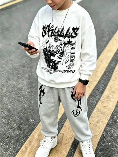 Bộ 2 món áo sweatshirt và quần jogger cho bé trai tuổi teen, họa tiết nhân vật vintage và chữ in, cổ tròn tay dài kiểu chui đầu + quần cạp chun gấu bo gân, chất dày cho mùa thu/đông, bộ đồ thể thao