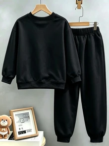 2pcs/Set Teen Boys Faux Rhinestone Statue Of Liberty & Flame Print Sweatshirt And Joggers Set, Crew Neck Long Sleeve Pullover Top + Elastic Waist Ribbed Cuffed Pants, Thickened For Autumn/Winter, American Streetwear Casual Two Pieces Outfit - Multicolor - View 2