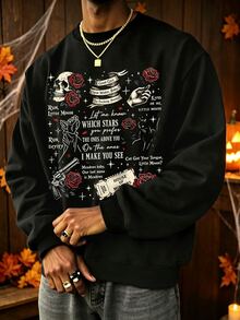 Manfinity Dauomo Plus Size Dark Graphic Goth Streetwear Crew Neck Sweatshirt Cat Mouse Duet Slogan Autumn Casual Pullover Couple Style Halloween Black And Red Holiday Rave - Multicolor - View 1