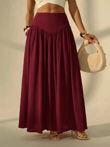 SHEIN Tall Women's Solid Color Pleated Casual Versatile Daily Wear Skirt - Burgundy - View 1