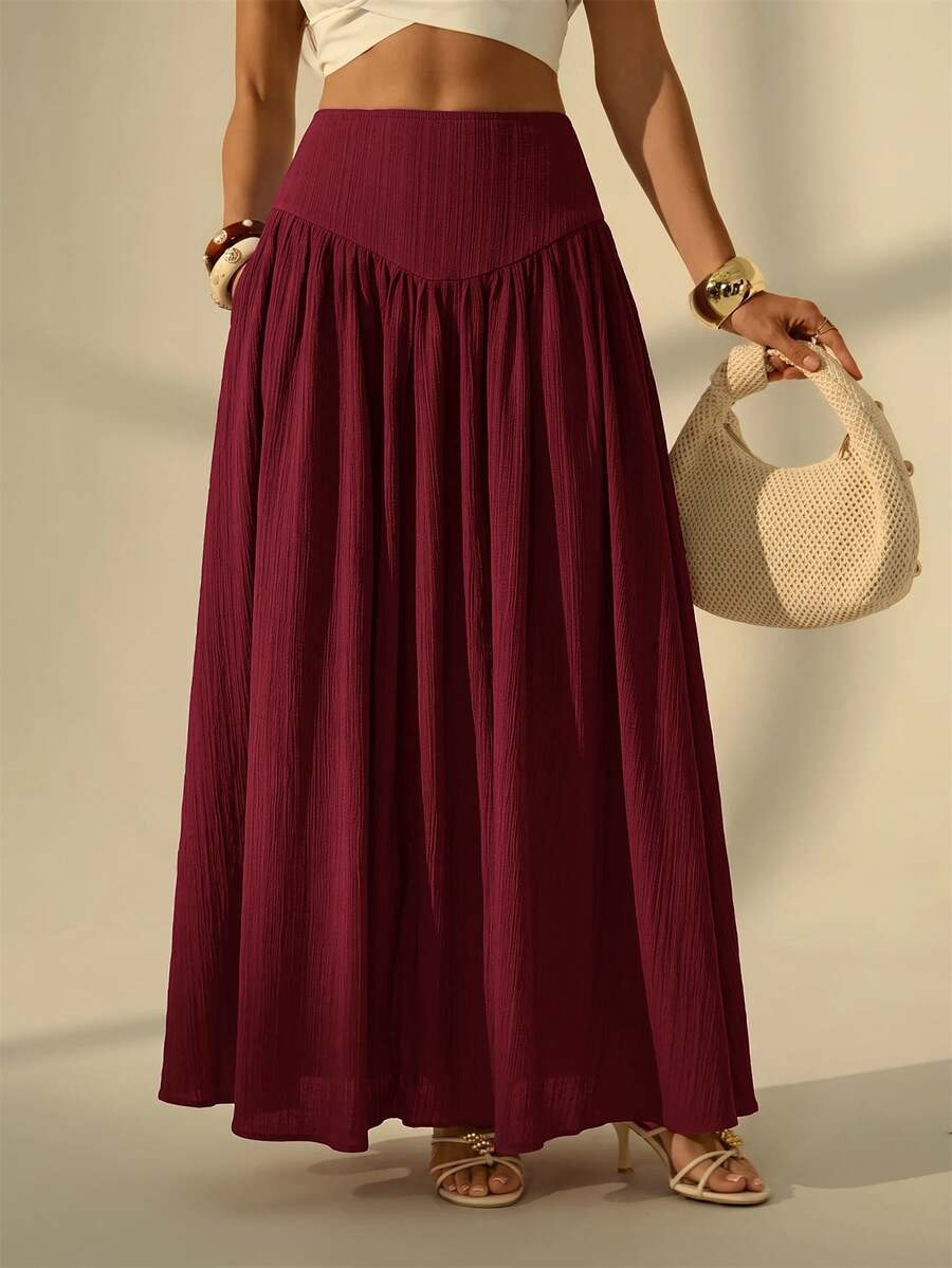 SHEIN Tall Women's Solid Color Pleated Casual Versatile Daily Wear Skirt - Burgundy - View 1