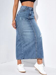 SHEIN EZwear 女款休閒百搭牛仔裙，附口袋、鈕扣與破洞設計 - 中等水洗藍 - 查看 5