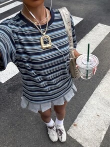 Muchica 女款夏季新款棕色針織條紋寬鬆短袖T恤 - 藏蓝色 - 查看 4